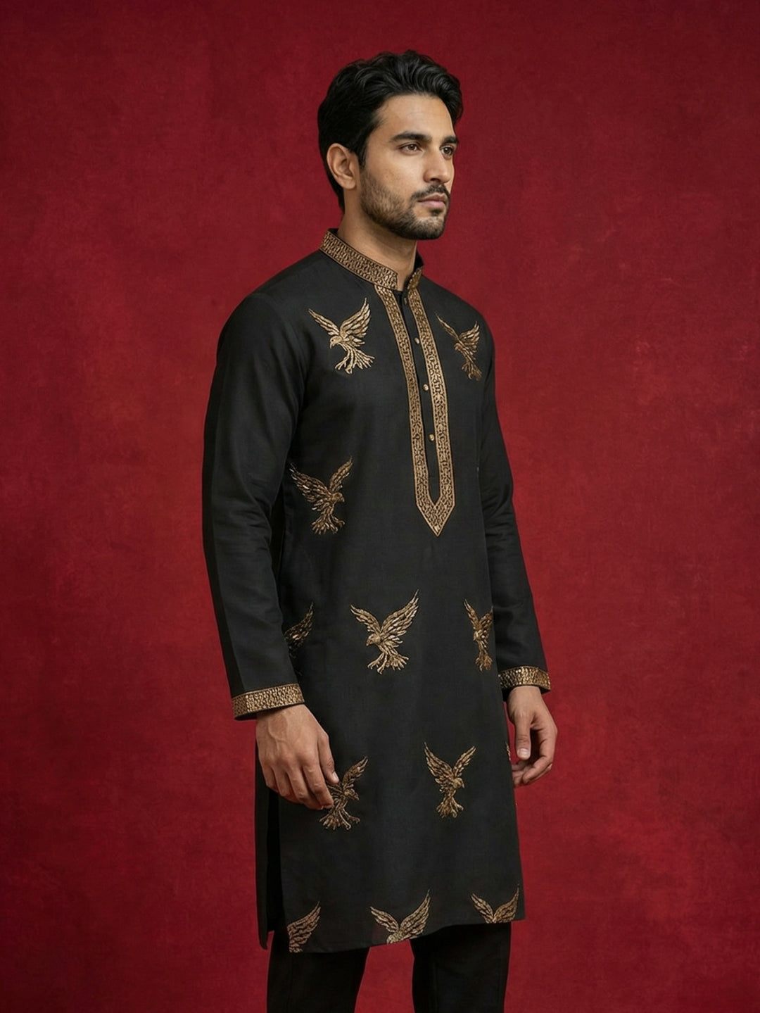 Silk Blend Kurta With Golden Eagle Embroidery