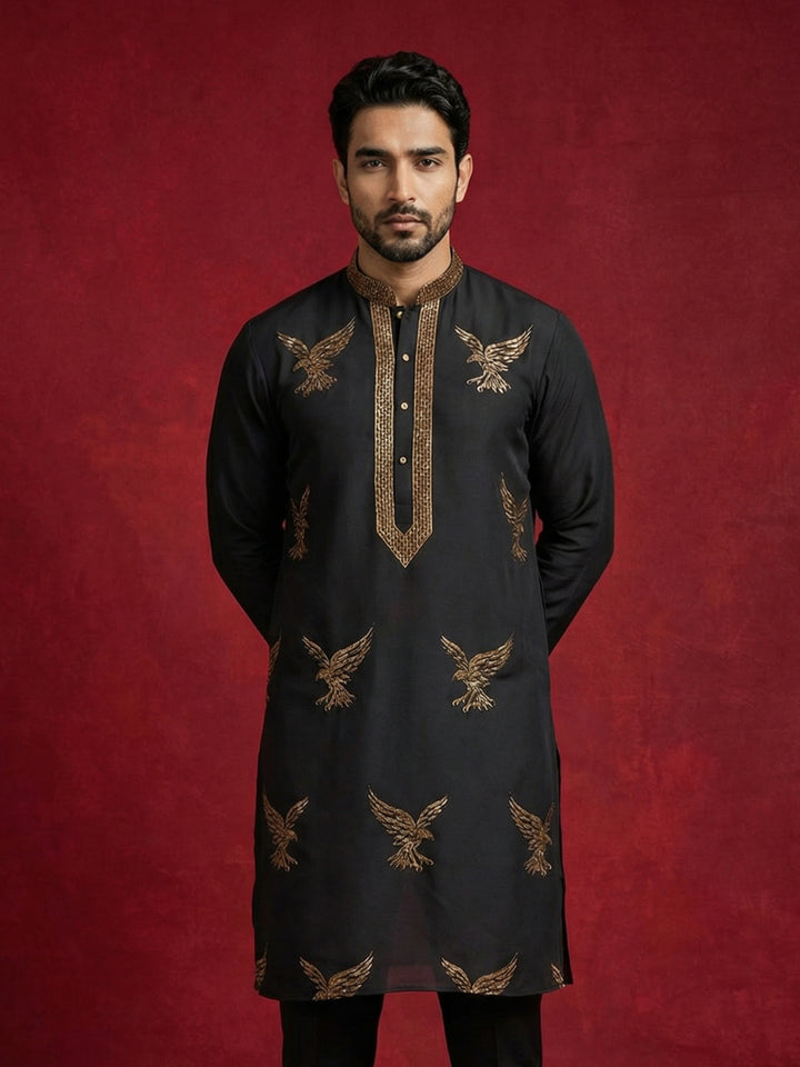 Silk Blend Kurta With Golden Eagle Embroidery