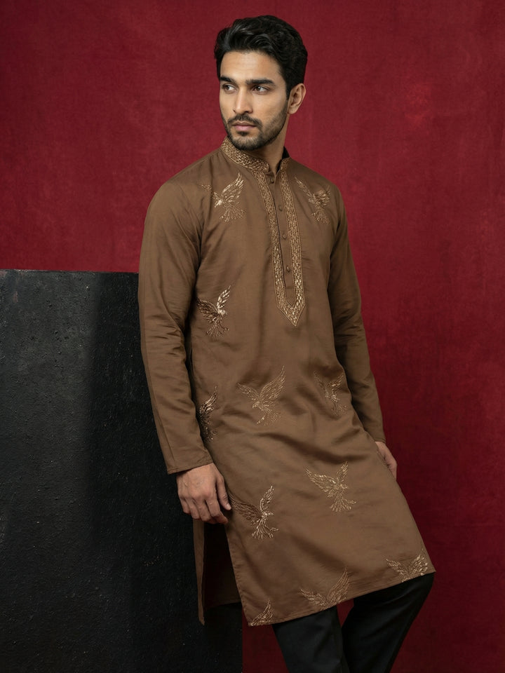 Silk Blend Kurta With Golden Eagle Embroidery