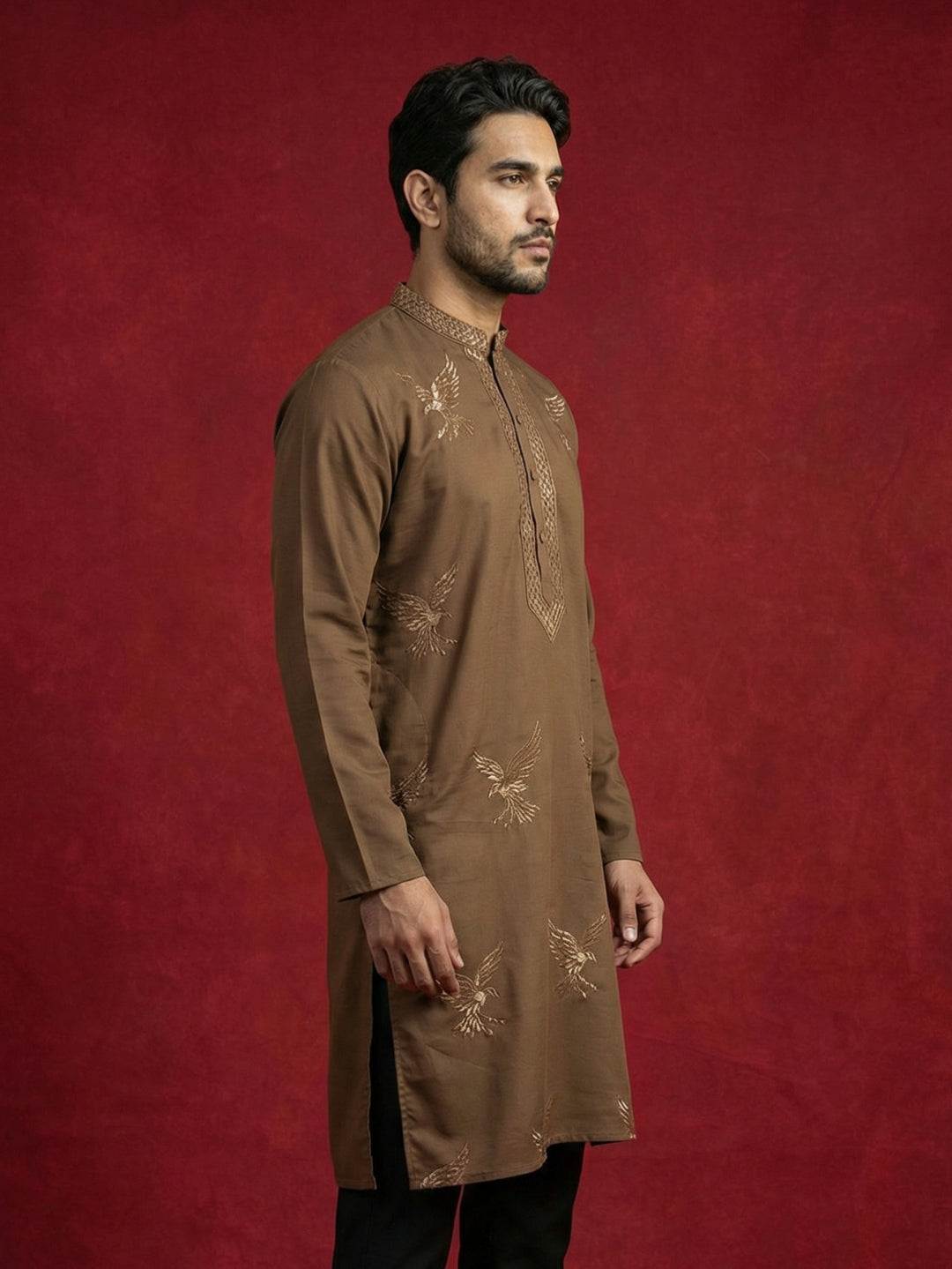 Silk Blend Kurta With Golden Eagle Embroidery