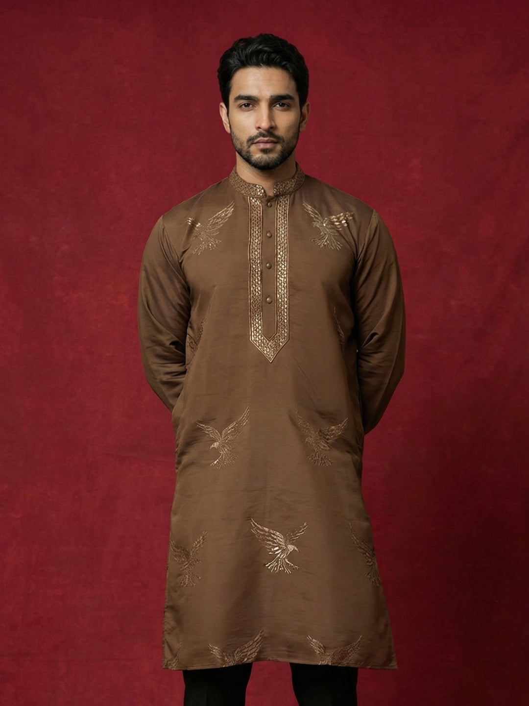 Silk Blend Kurta With Golden Eagle Embroidery