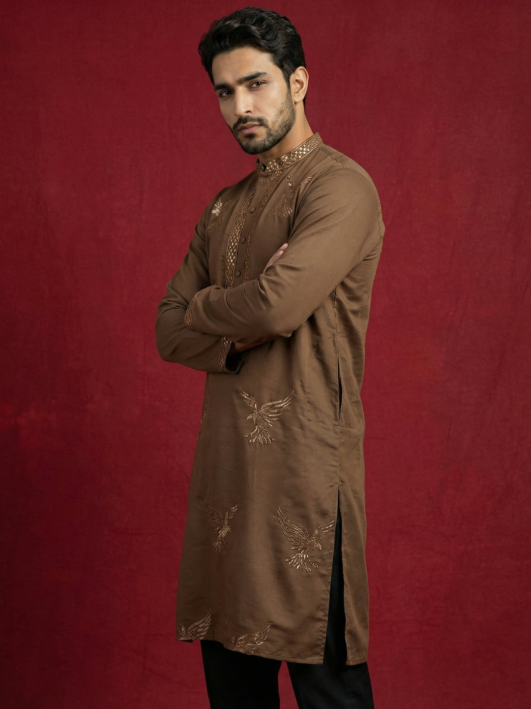 Silk Blend Kurta With Golden Eagle Embroidery