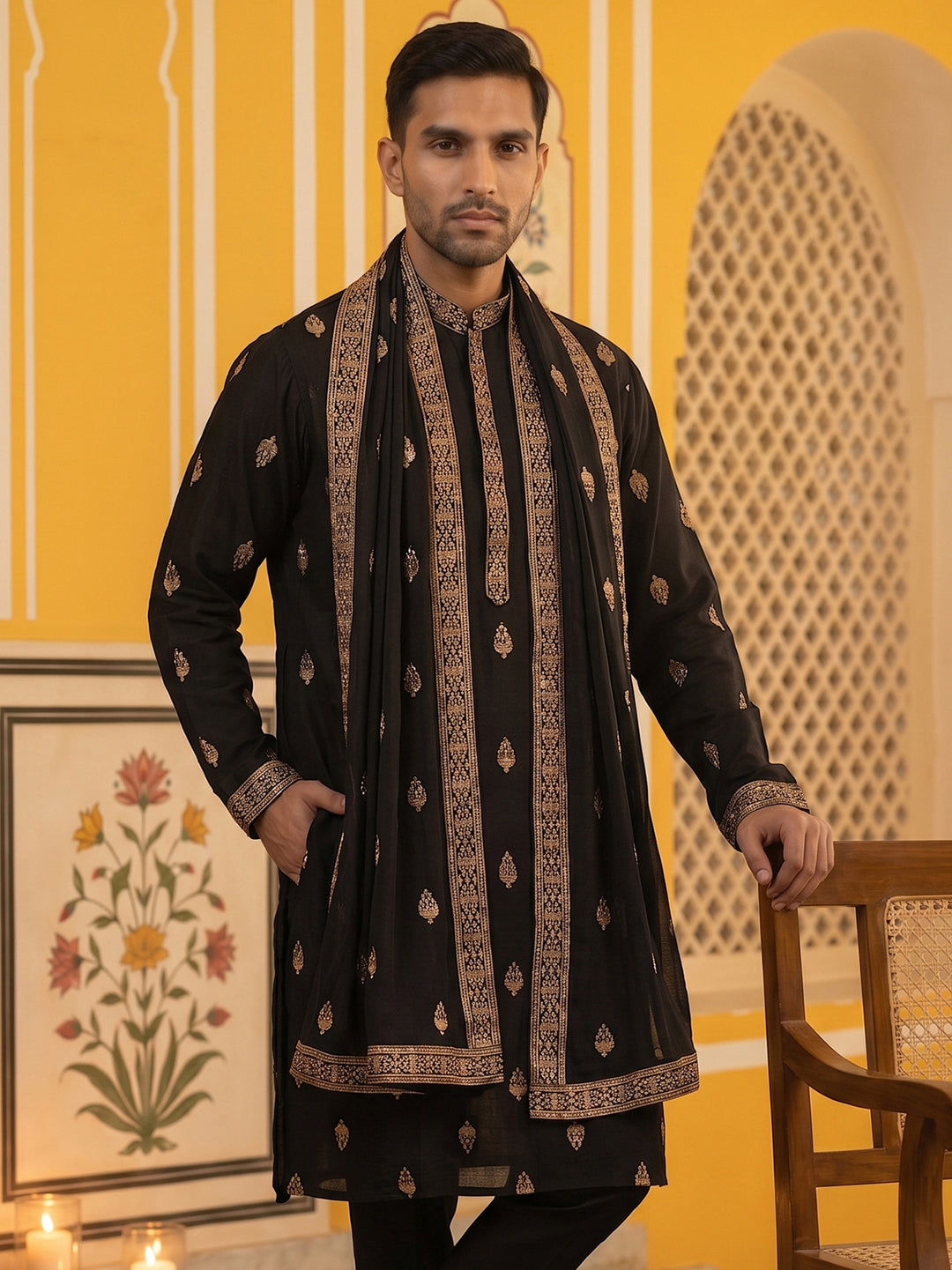 Silk Blend Embroidered Kurta With Dupatta