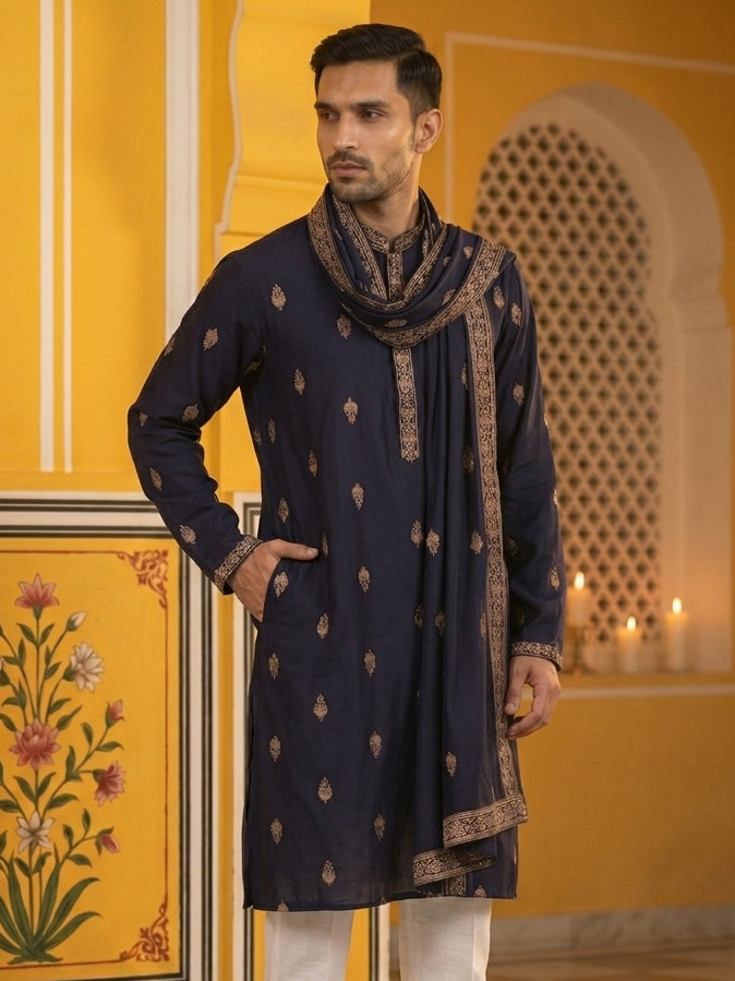 Silk Blend Embroidered Kurta With Dupatta