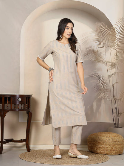 Self Woven Striped Cotton Blend Straight Kurta Pant Set