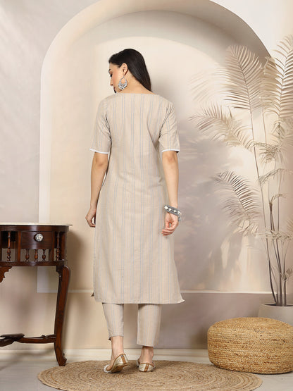 Self Woven Striped Cotton Blend Straight Kurta Pant Set