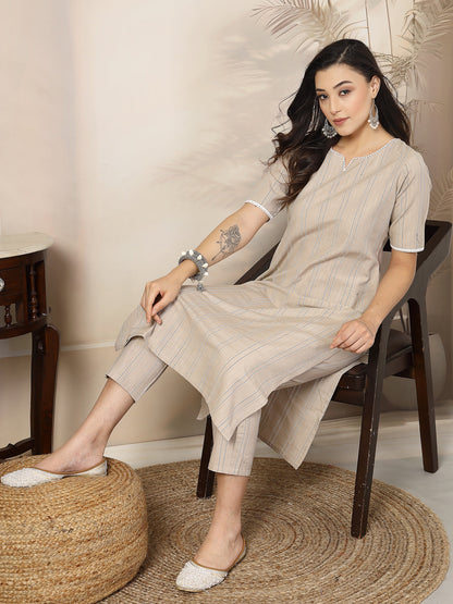 Self Woven Striped Cotton Blend Straight Kurta Pant Set