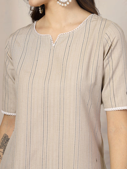 Self Woven Striped Cotton Blend Straight Kurta Pant Set