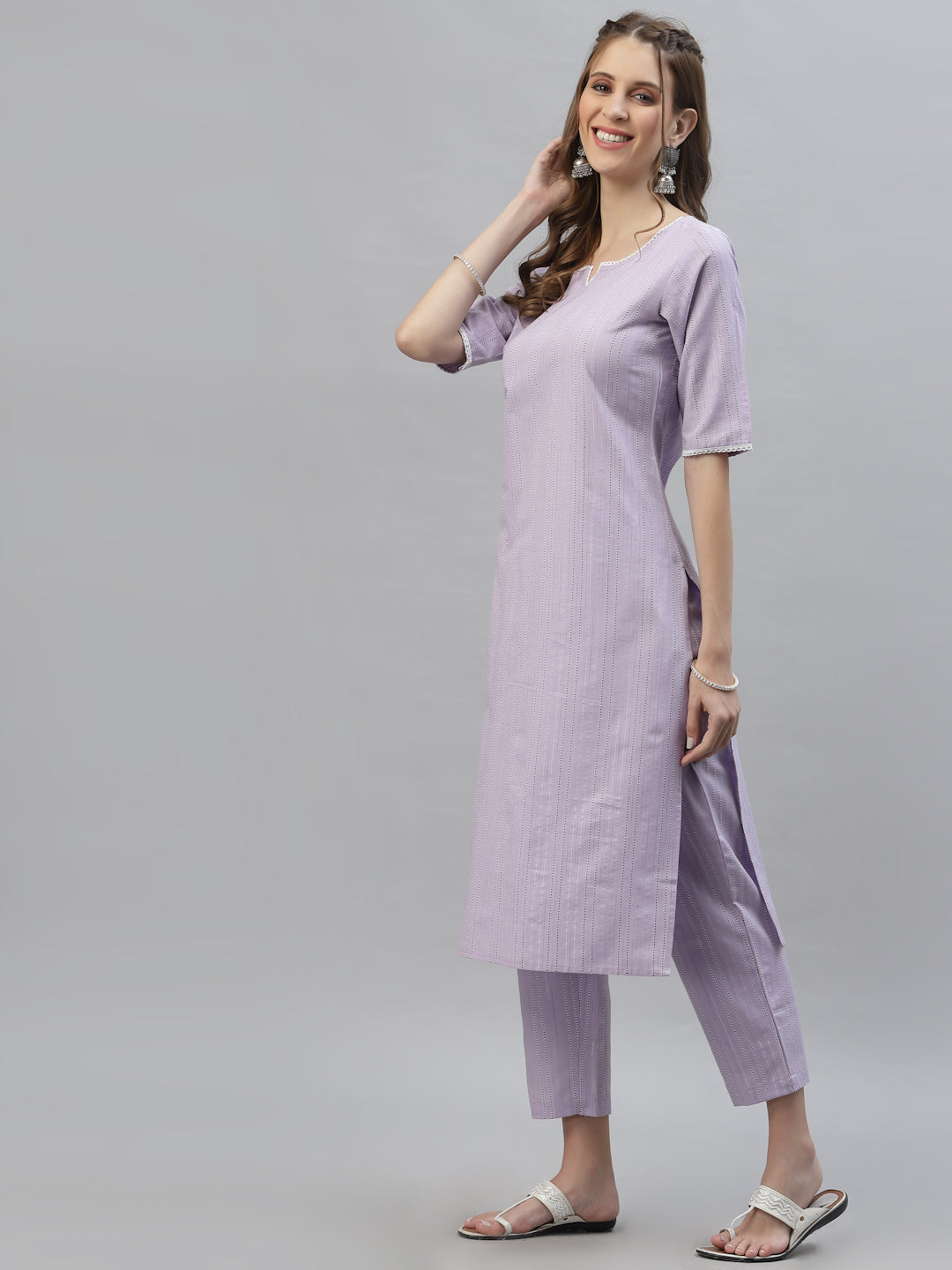Plus Size Self Woven Striped Cotton Blend Straight Kurta Pant Set
