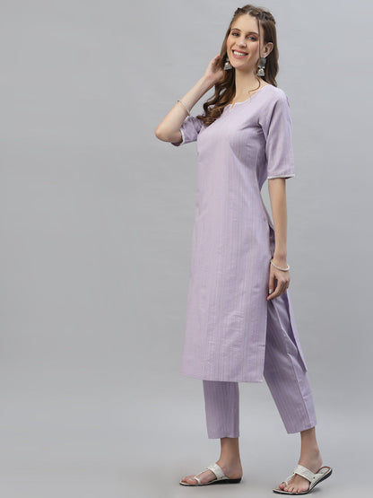 Plus Size Self Woven Striped Cotton Blend Straight Kurta Pant Set