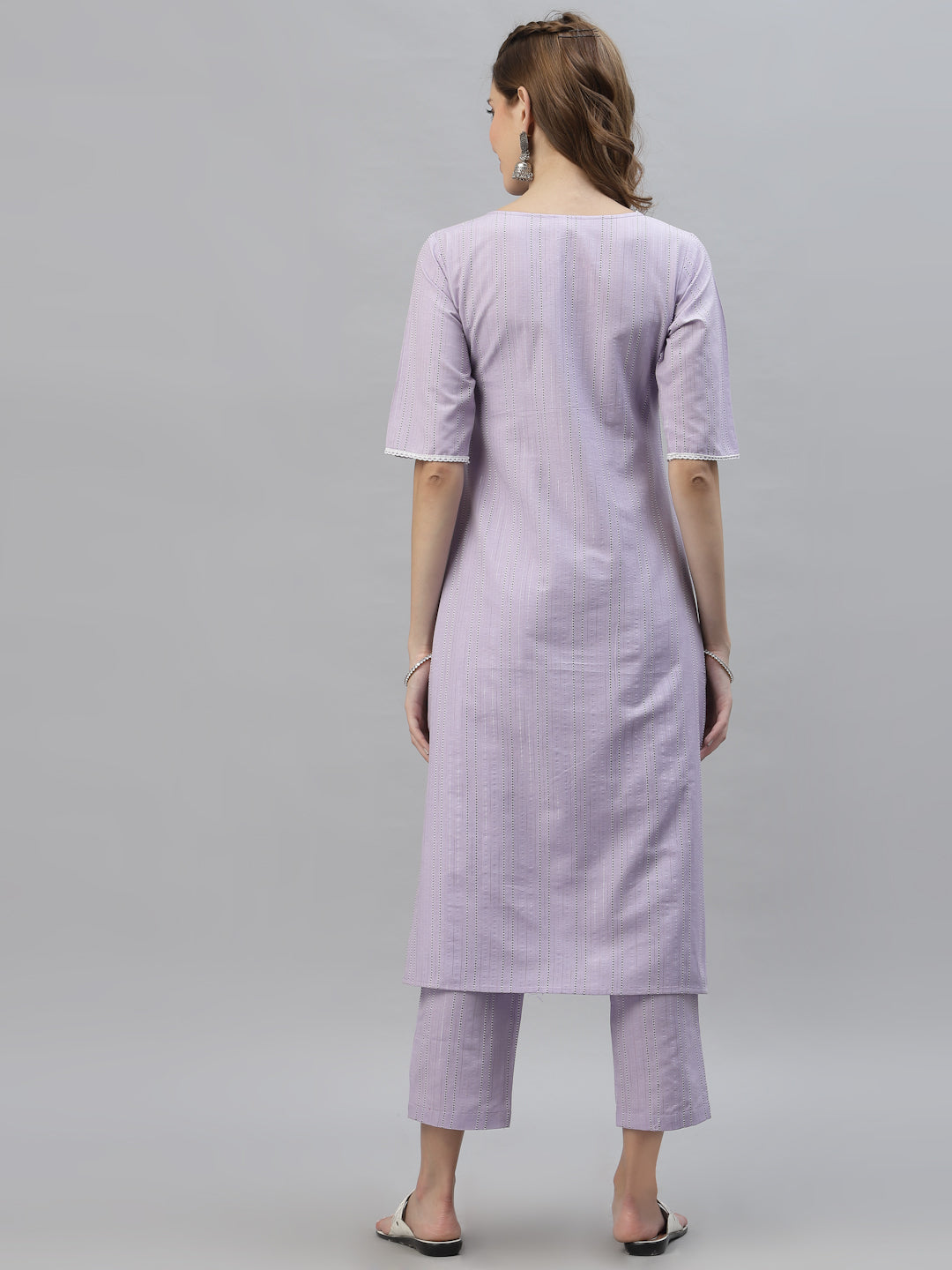 Plus Size Self Woven Striped Cotton Blend Straight Kurta Pant Set