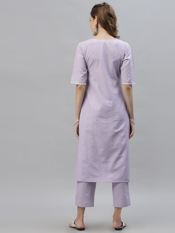 Plus Size Self Woven Striped Cotton Blend Straight Kurta Pant Set