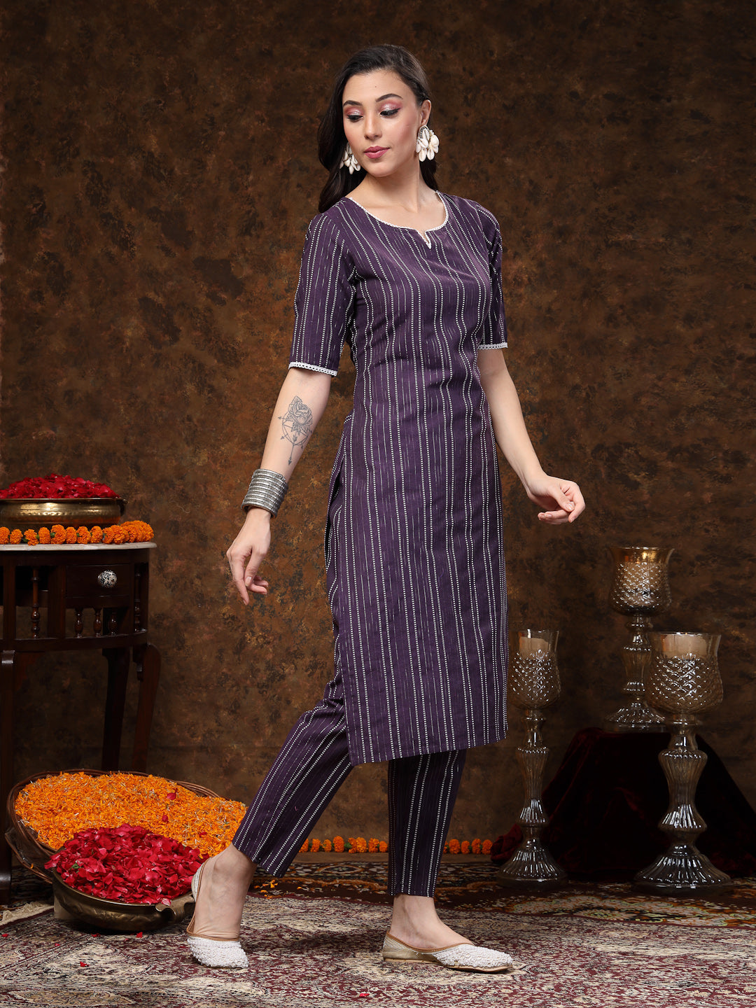 Self Woven Striped Cotton Blend Straight Kurta Pant Set