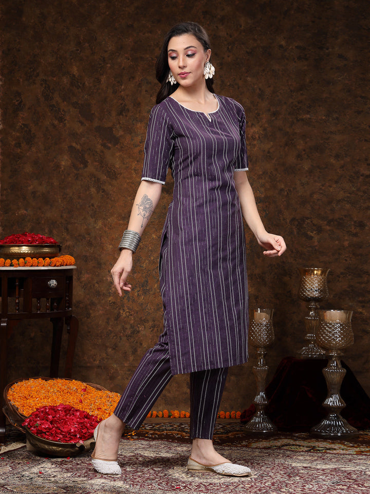 Self Woven Striped Cotton Blend Straight Kurta Pant Set