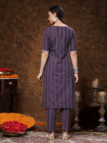 Self Woven Striped Cotton Blend Straight Kurta Pant Set