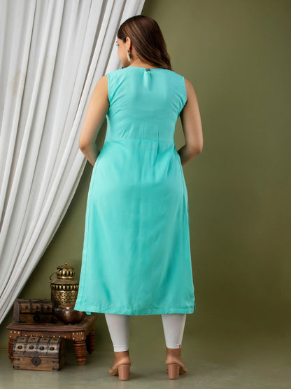 Rayon Calf Length Embroidered Straight Sleeveless Round Neck Kurta