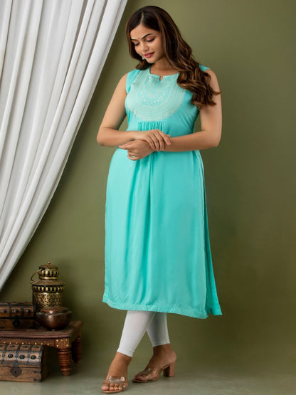 Rayon Calf Length Embroidered Straight Sleeveless Round Neck Kurta