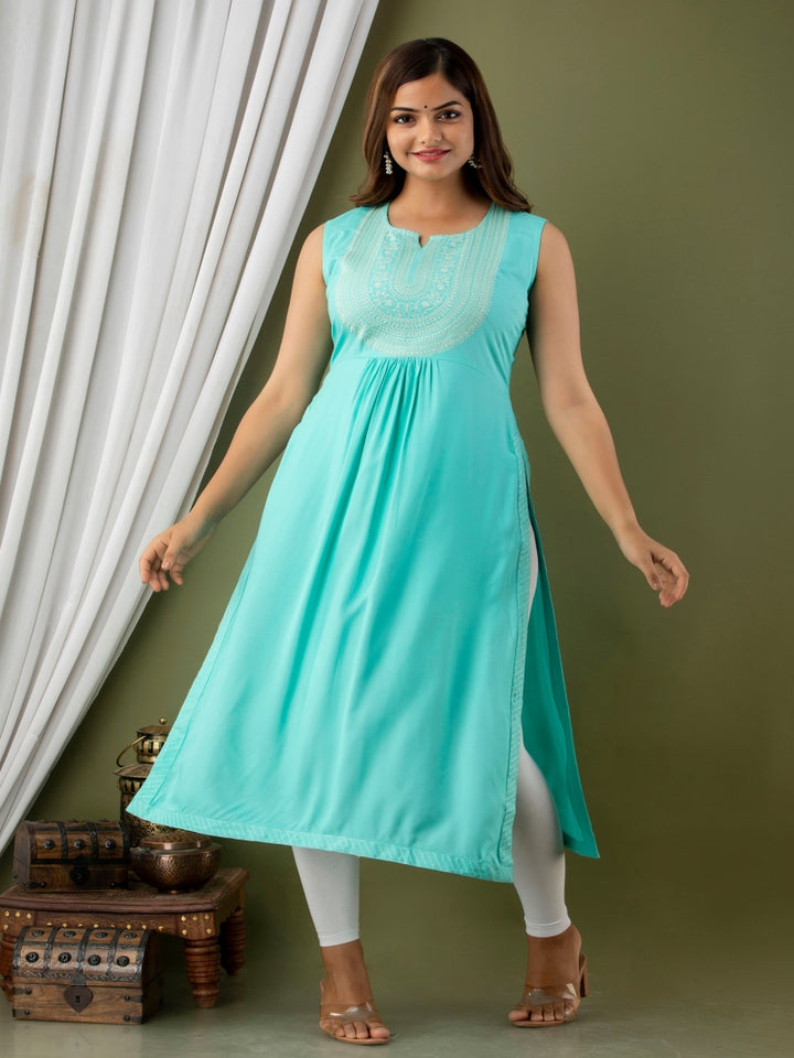 Rayon Calf Length Embroidered Straight Sleeveless Round Neck Kurta