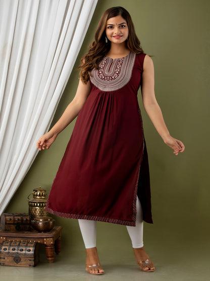 Rayon Calf Length Embroidered Straight Sleeveless Round Neck Kurta