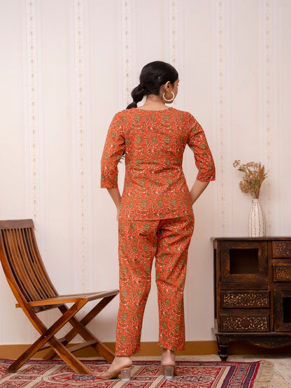 Orange Printed Cotton Night Suit