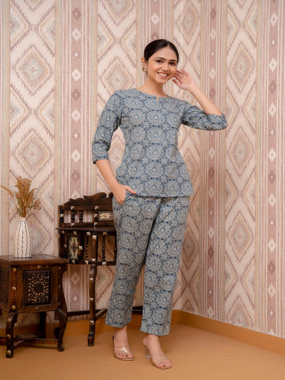 Blue Printed Cotton Night Suit