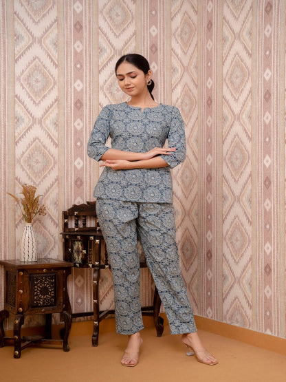 Blue Printed Cotton Night Suit