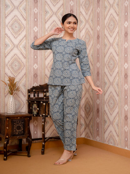 Blue Printed Cotton Night Suit