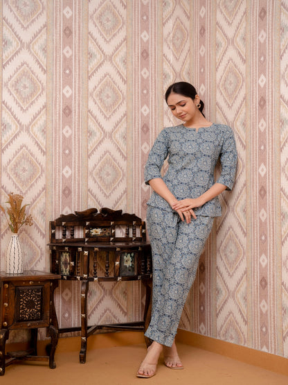 Blue Printed Cotton Night Suit