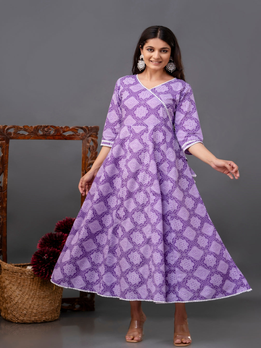 Cotton Calf Length Printed Flared 3/4 Sleeve V Neck Kurta