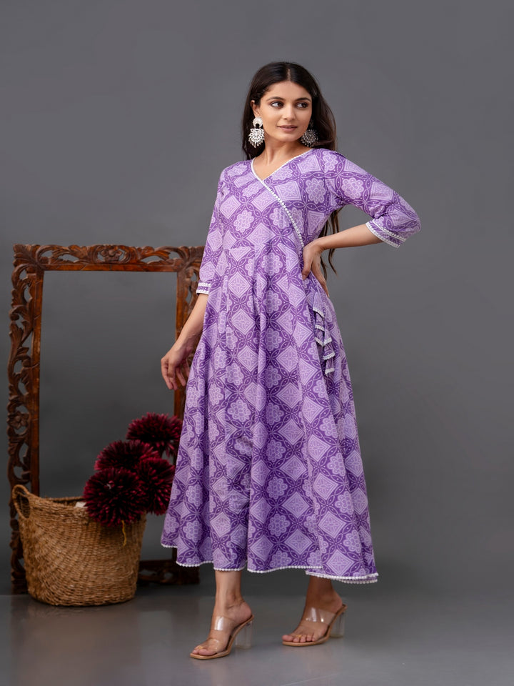 Cotton Calf Length Printed Flared 3/4 Sleeve V Neck Kurta