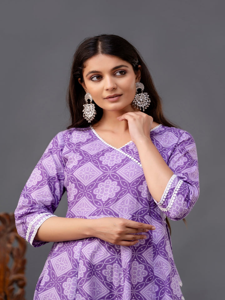 Cotton Calf Length Printed Flared 3/4 Sleeve V Neck Kurta