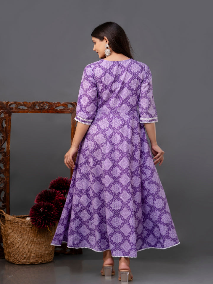 Cotton Calf Length Printed Flared 3/4 Sleeve V Neck Kurta