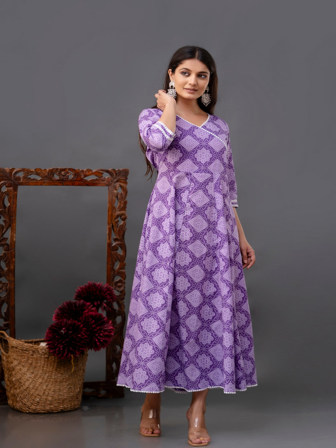 Cotton Calf Length Printed Flared 3/4 Sleeve V Neck Kurta
