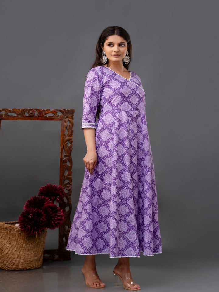 Cotton Calf Length Printed Flared 3/4 Sleeve V Neck Kurta