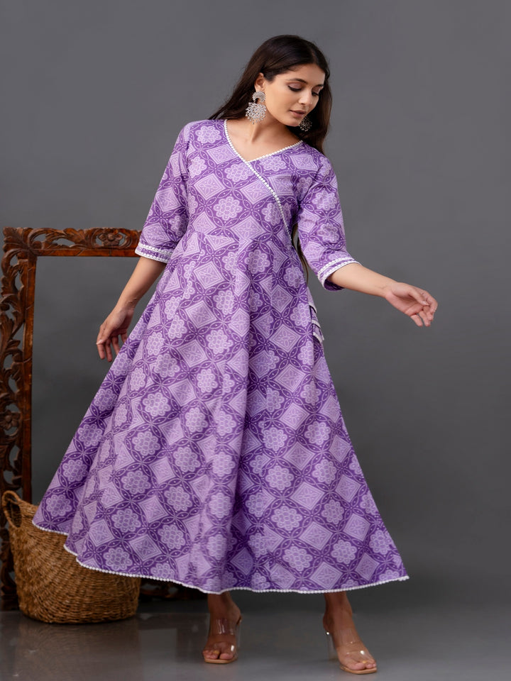 Cotton Calf Length Printed Flared 3/4 Sleeve V Neck Kurta