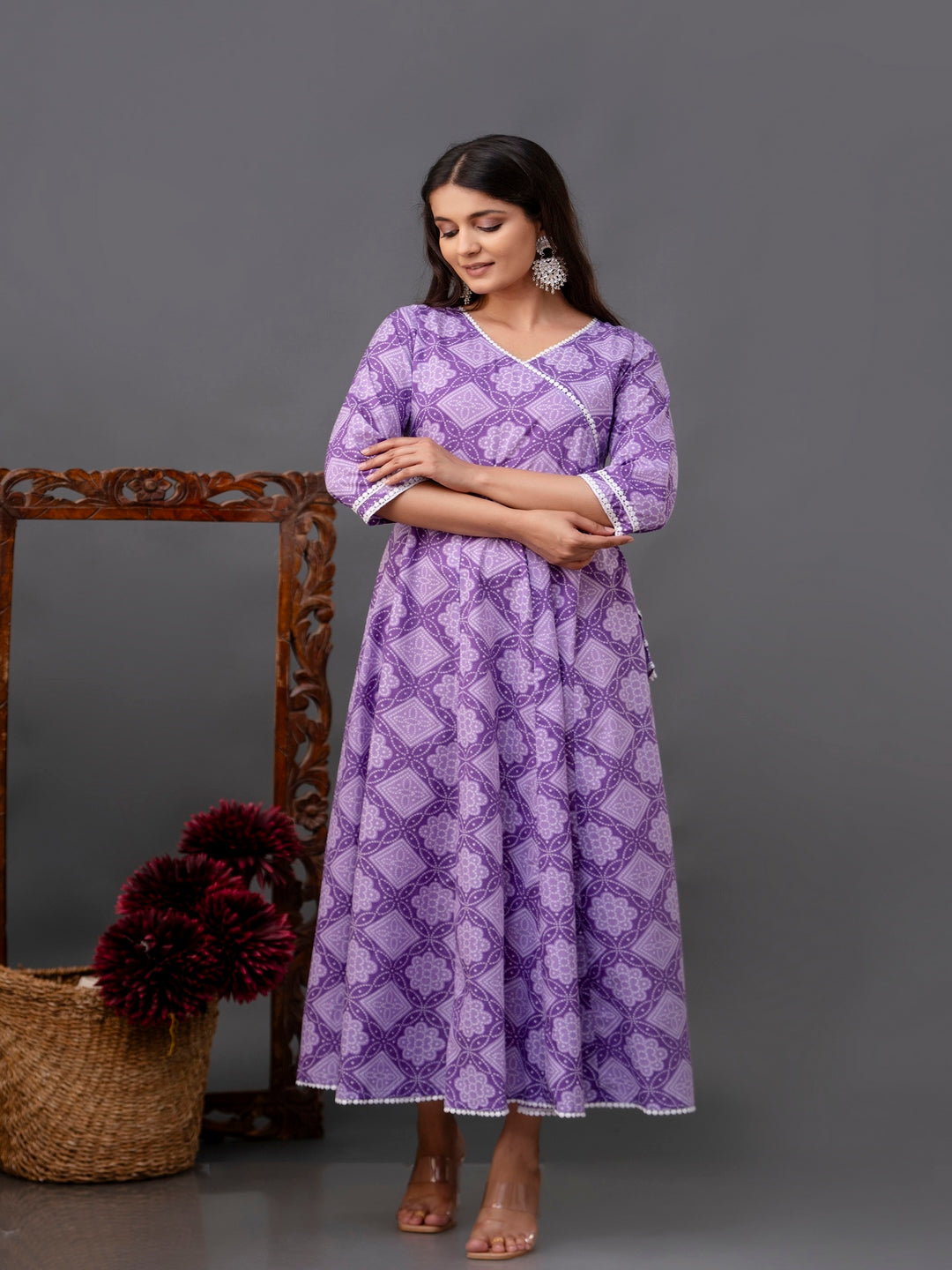 Cotton Calf Length Printed Flared 3/4 Sleeve V Neck Kurta
