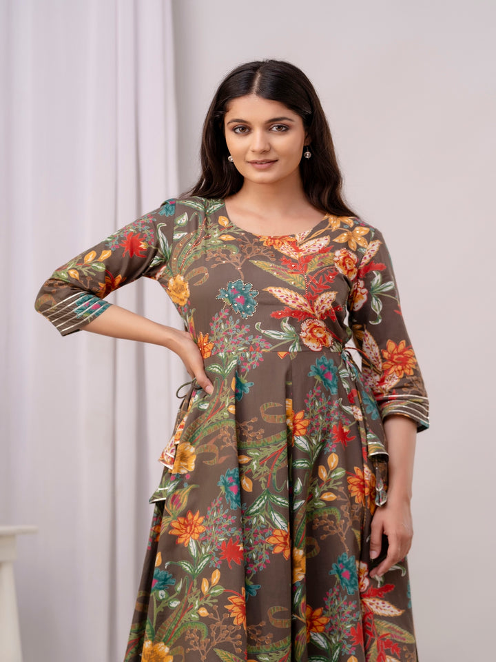 Cotton Calf Length Printed Flared 3/4 Sleeve Round Neck Kurta