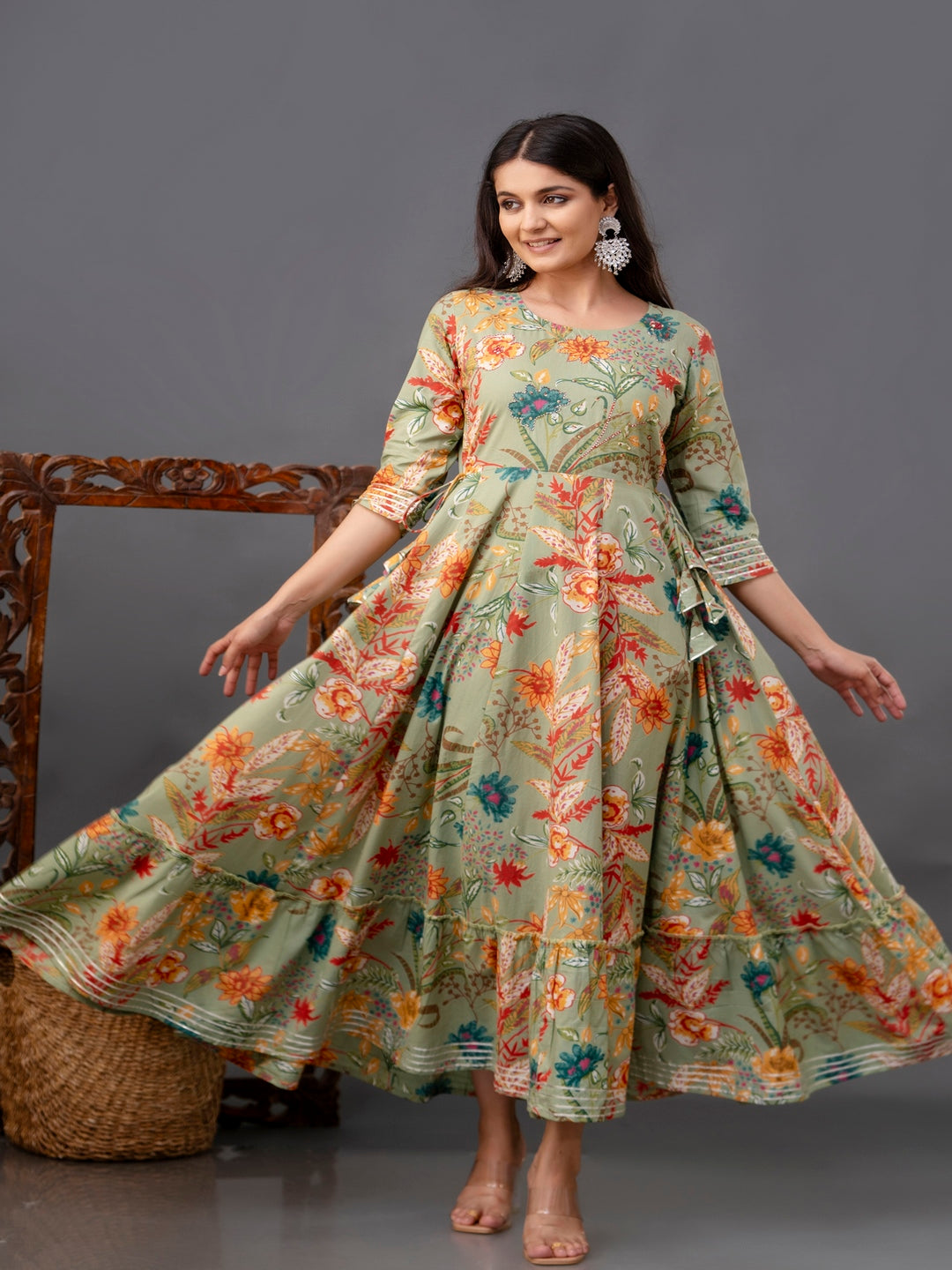 Cotton Calf Length Printed Flared 3/4 Sleeve Round Neck Kurta