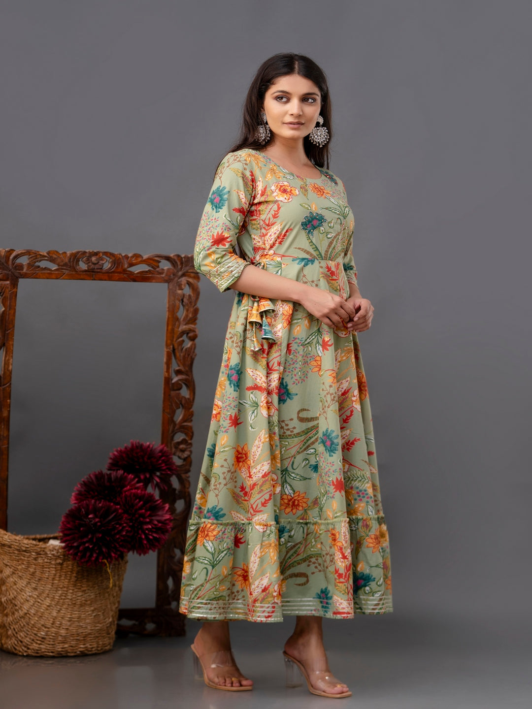 Cotton Calf Length Printed Flared 3/4 Sleeve Round Neck Kurta