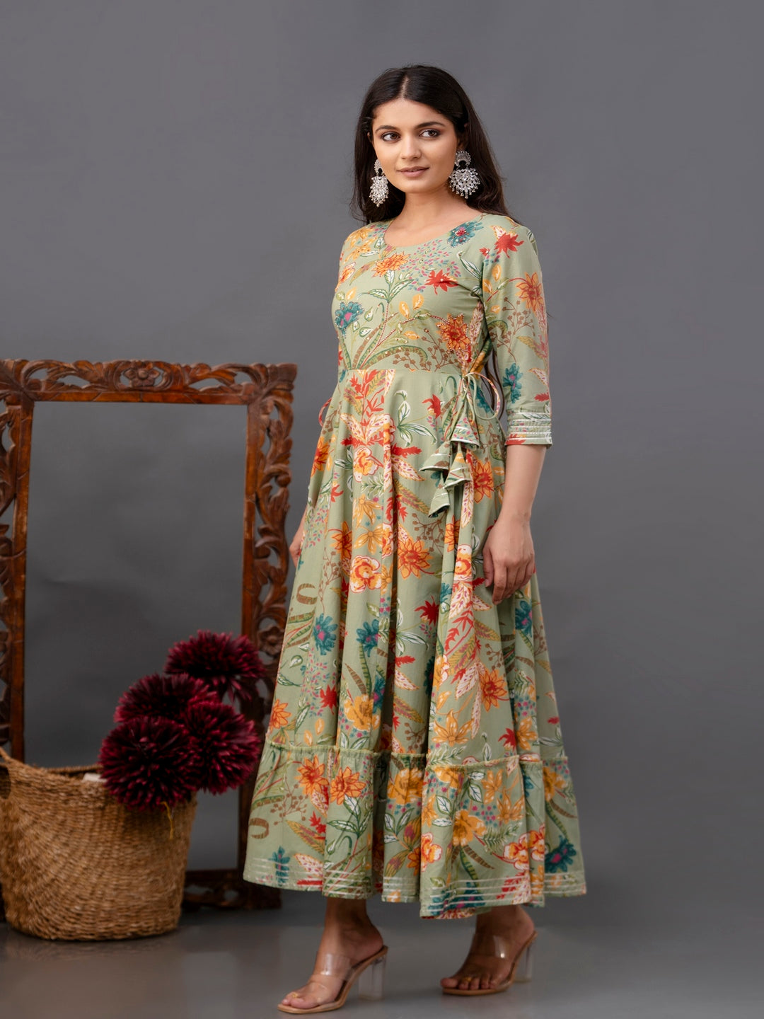 Cotton Calf Length Printed Flared 3/4 Sleeve Round Neck Kurta