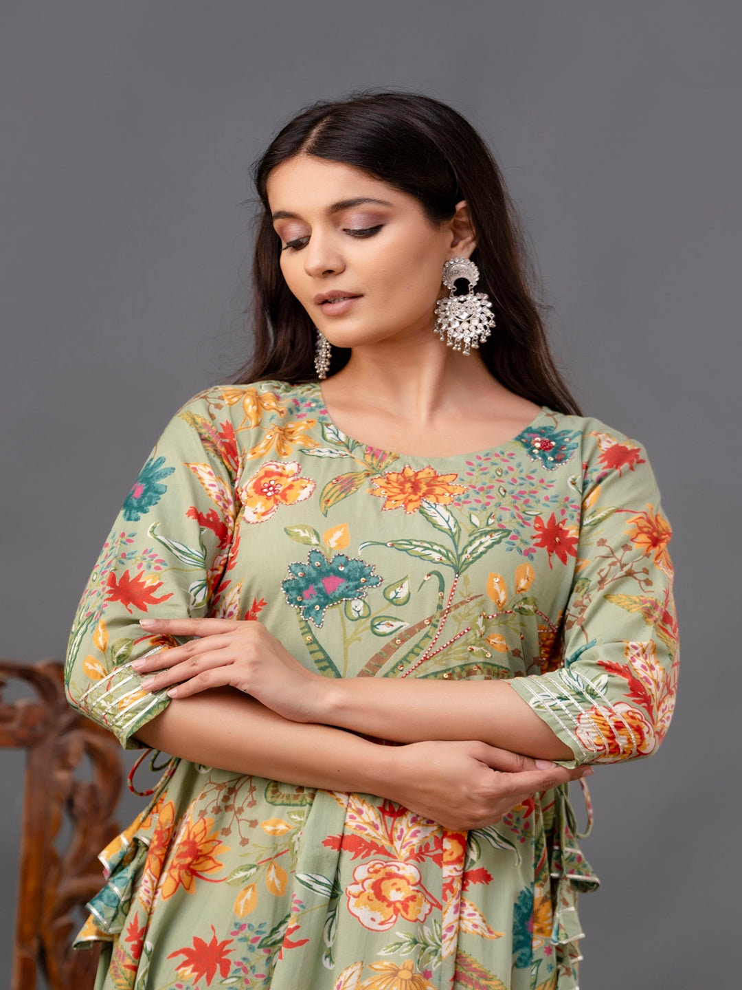 Cotton Calf Length Printed Flared 3/4 Sleeve Round Neck Kurta