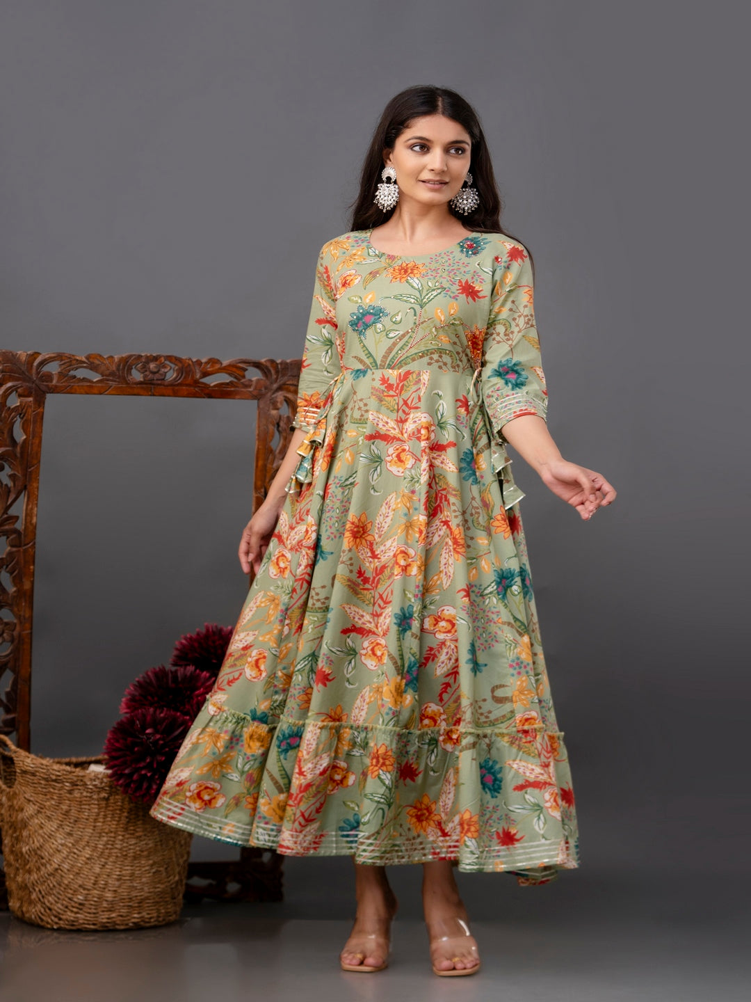 Cotton Calf Length Printed Flared 3/4 Sleeve Round Neck Kurta