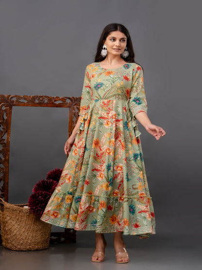 Cotton Calf Length Printed Flared 3/4 Sleeve Round Neck Kurta