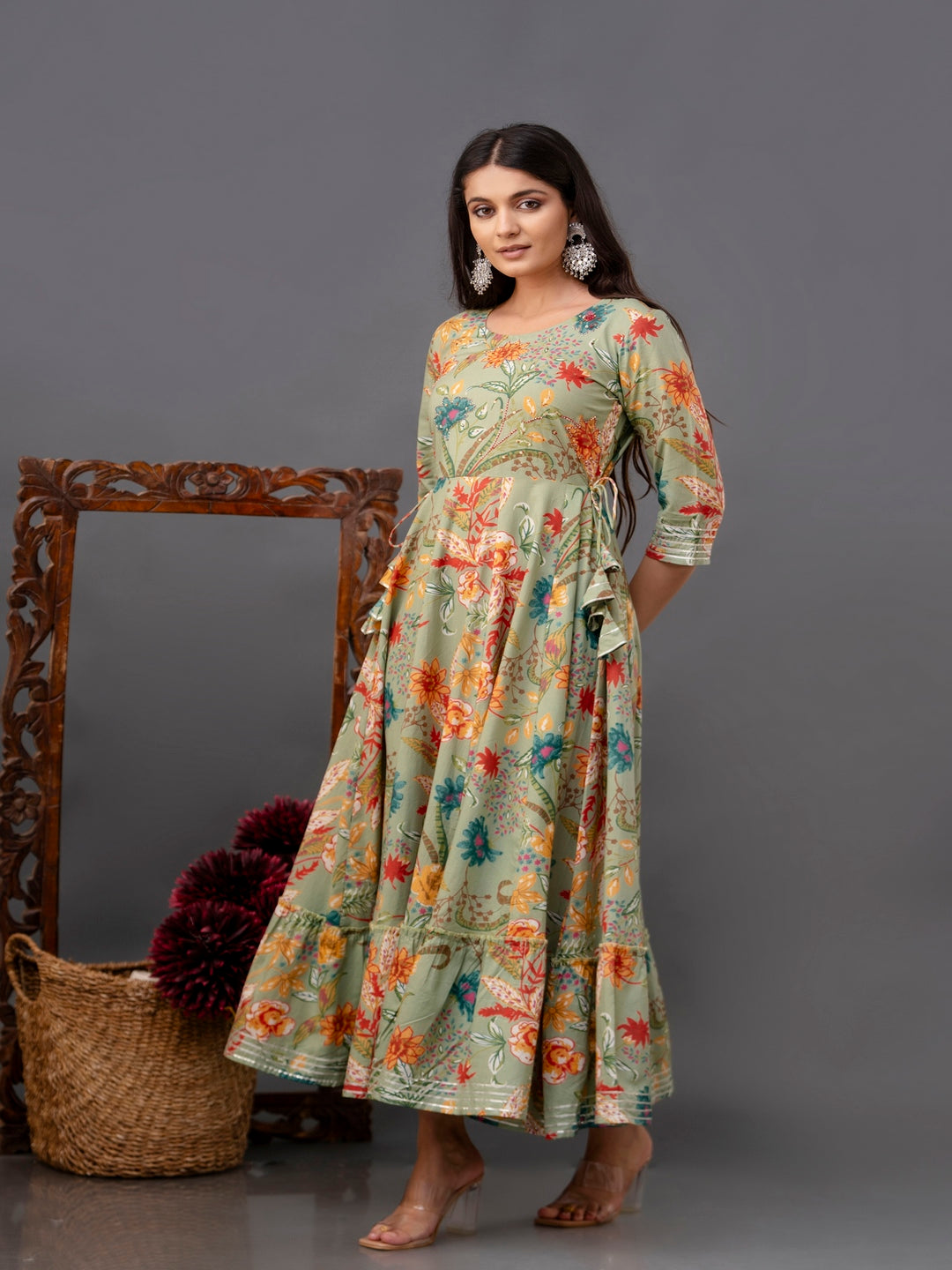 Cotton Calf Length Printed Flared 3/4 Sleeve Round Neck Kurta