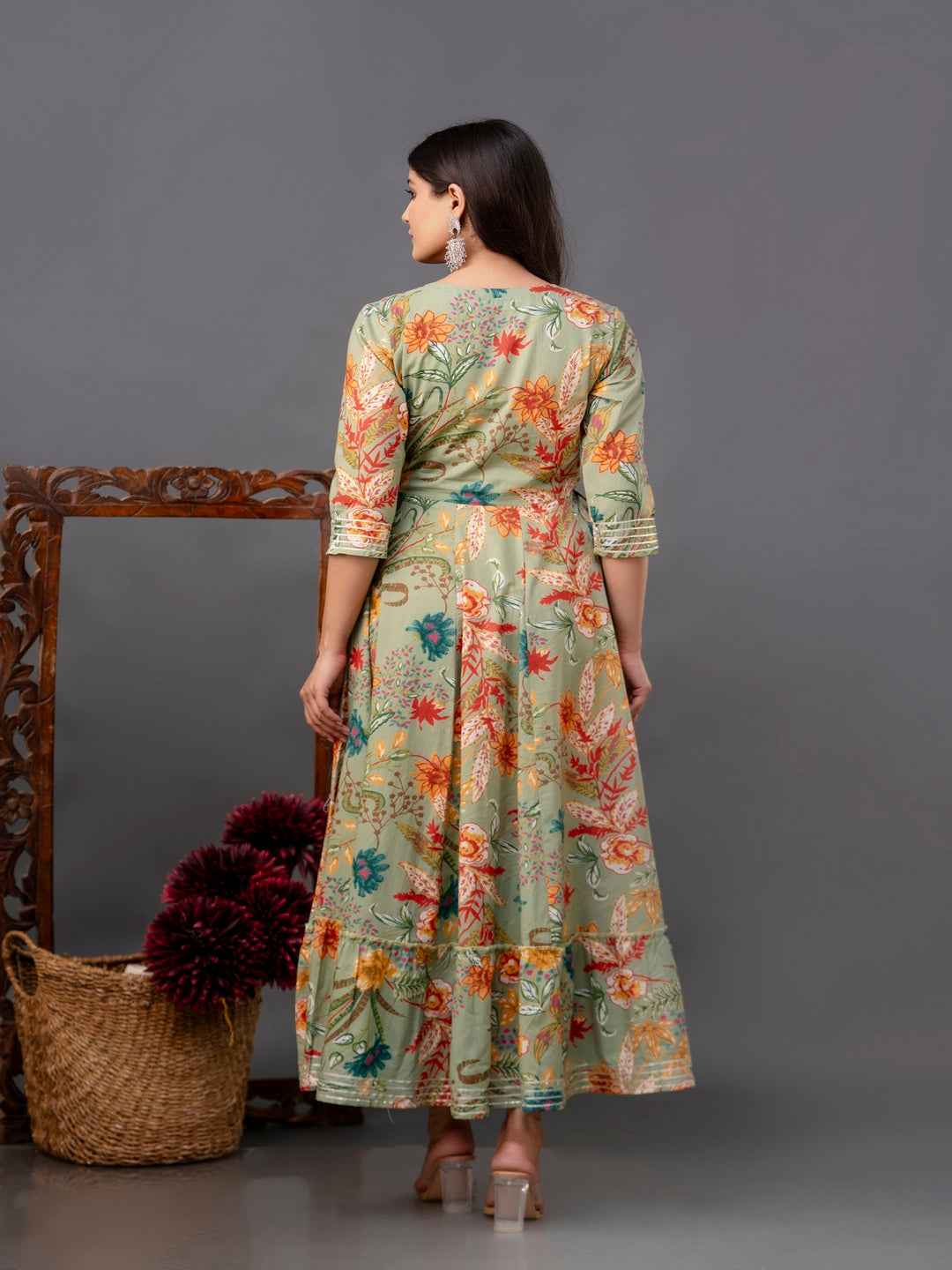 Cotton Calf Length Printed Flared 3/4 Sleeve Round Neck Kurta