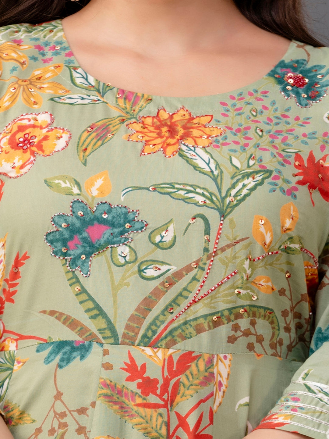Cotton Calf Length Printed Flared 3/4 Sleeve Round Neck Kurta