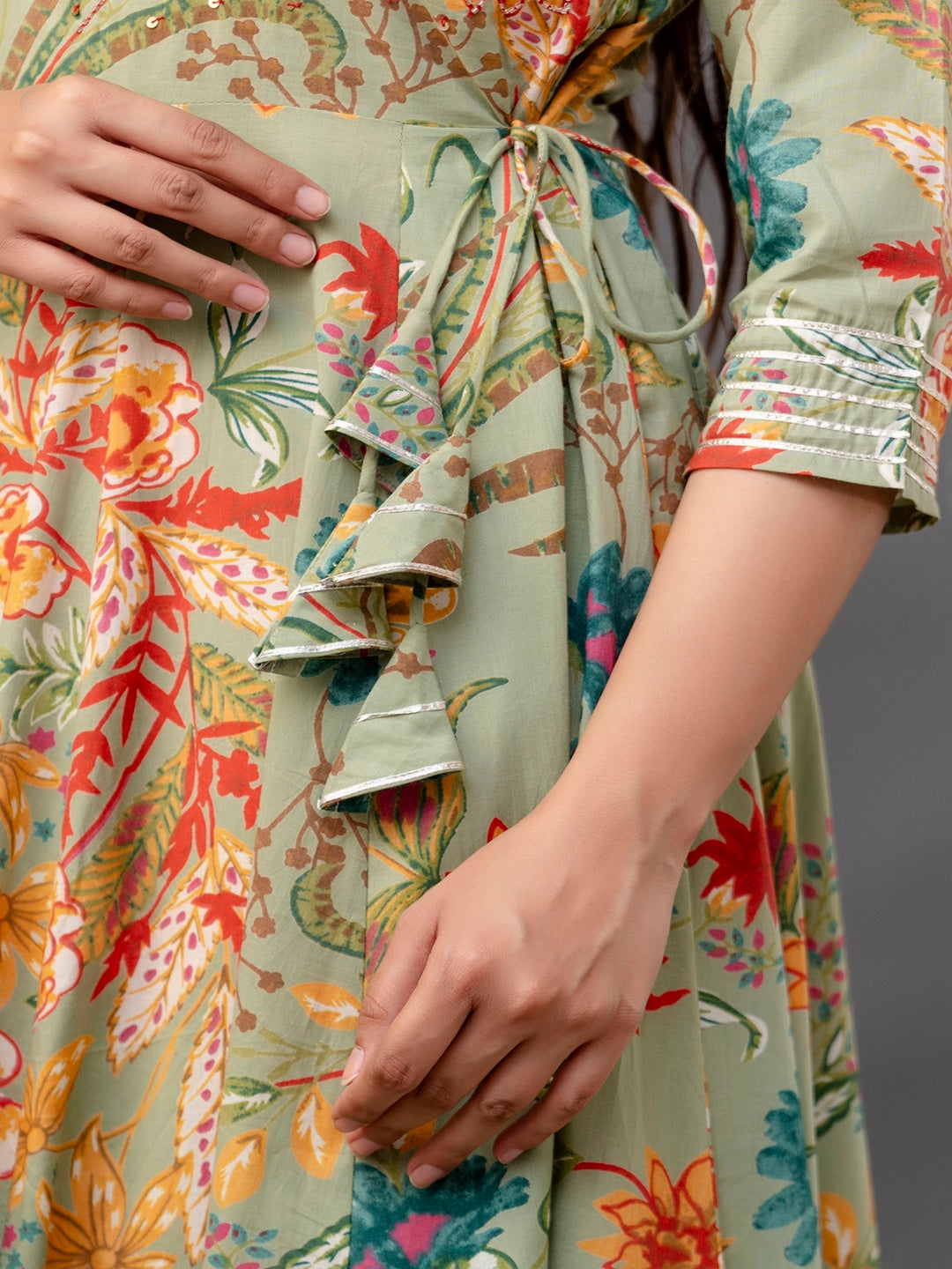 Cotton Calf Length Printed Flared 3/4 Sleeve Round Neck Kurta