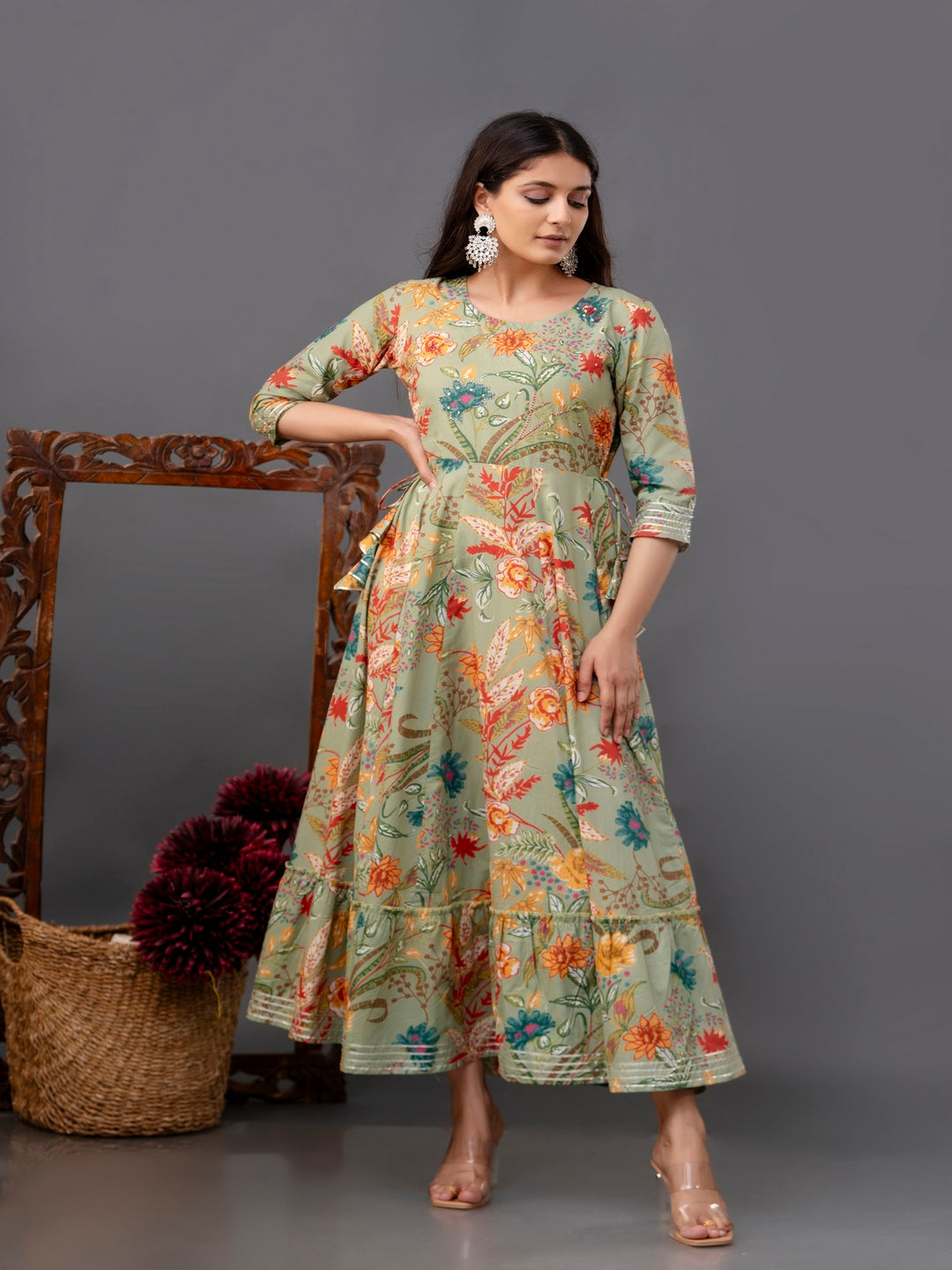 Cotton Calf Length Printed Flared 3/4 Sleeve Round Neck Kurta