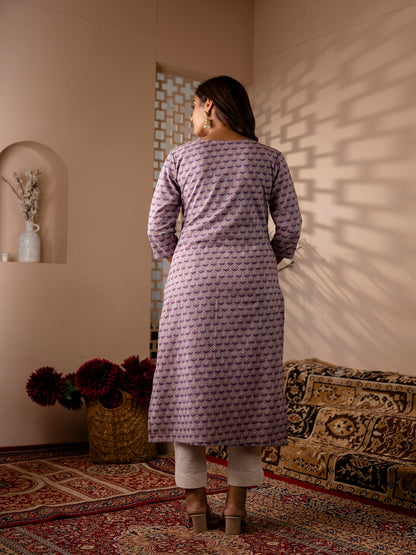 Floral Printed V-Neck  Kurta (LAVENDER)