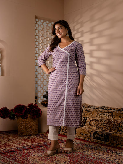 Floral Printed V-Neck  Kurta (LAVENDER)